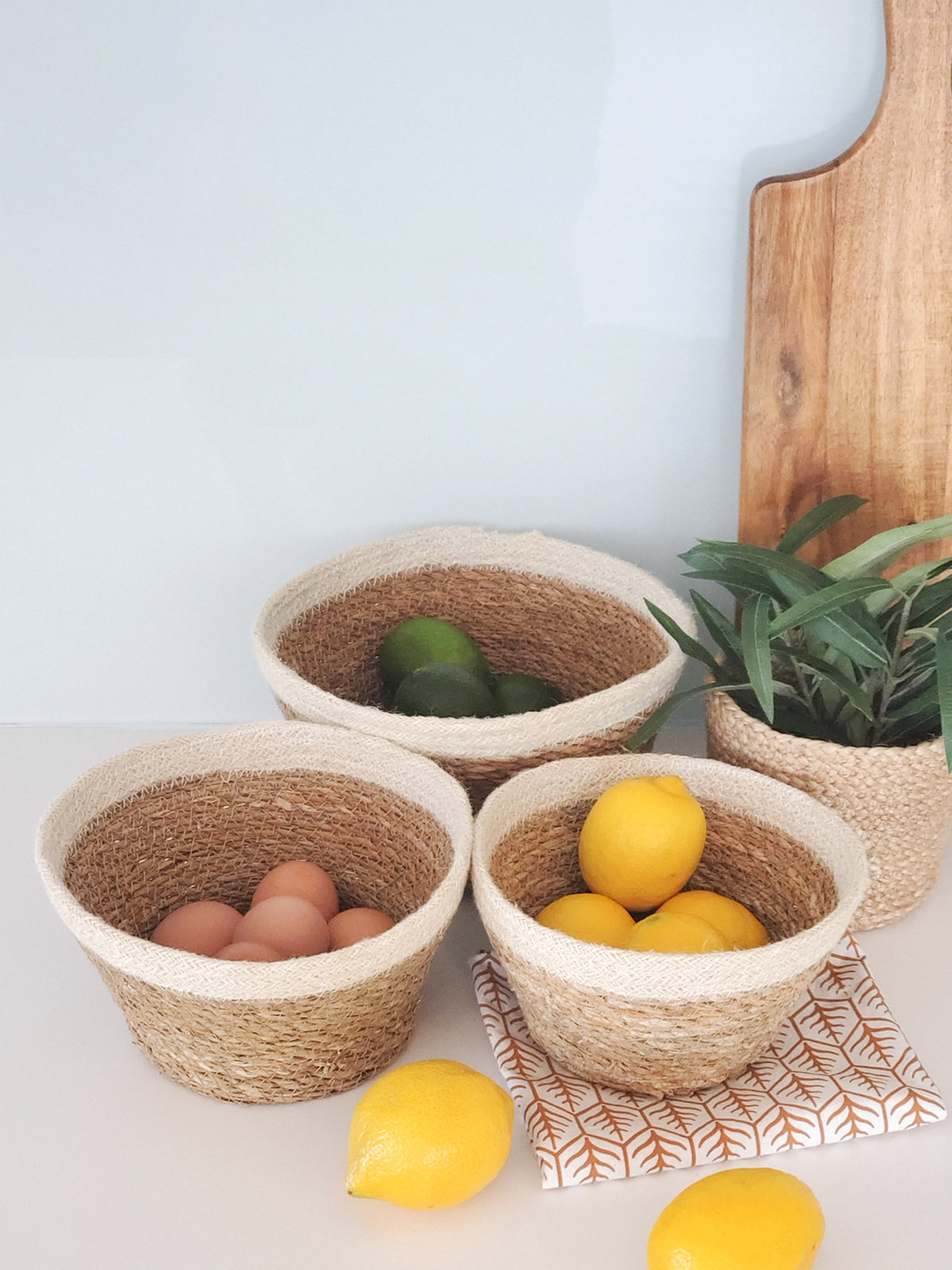 Savar Plant Bowl set is made of seagrass leaves with natural jute accent at top.