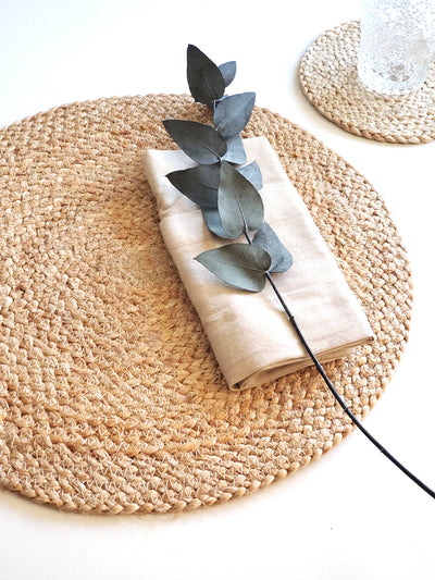 Natural textures and neutral color handwoven placemat and coaster