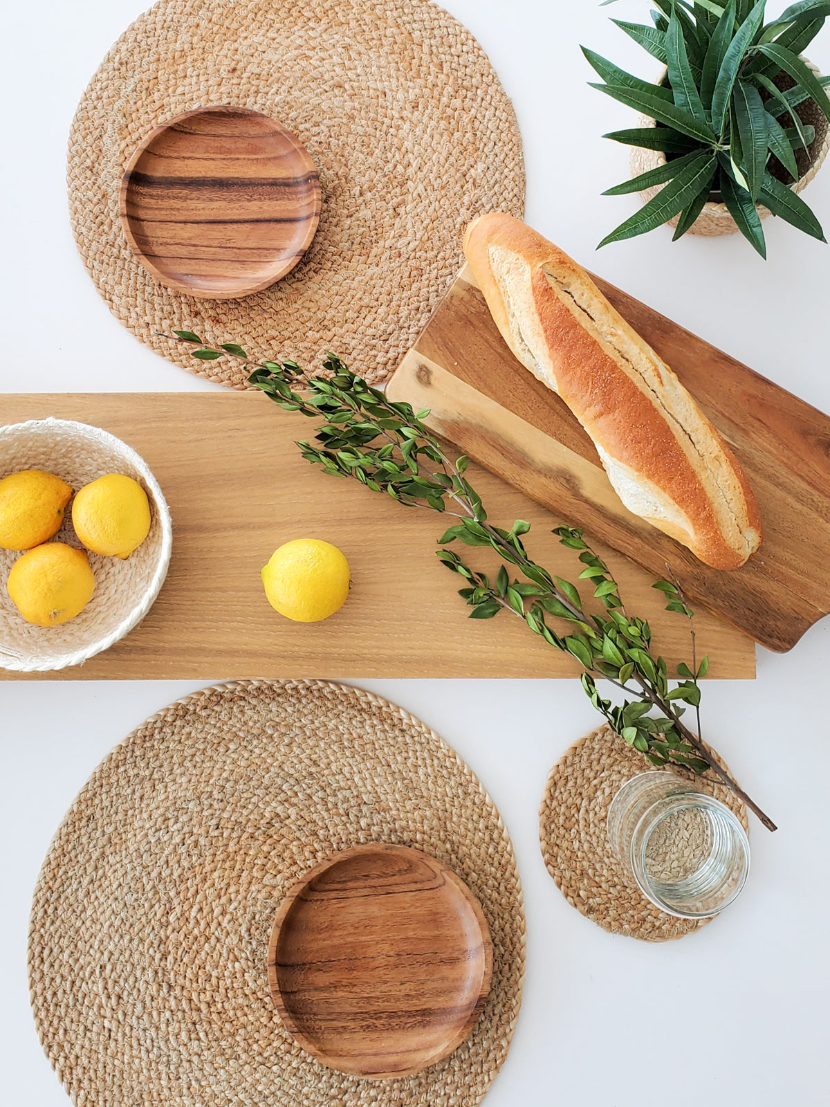 Natural textures and neutral color handwoven placemats, bowl, coaster and Handcrafted wooden serving board 