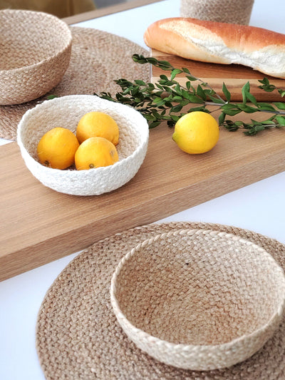 Natural textures and neutral color handwoven placemats and bowls