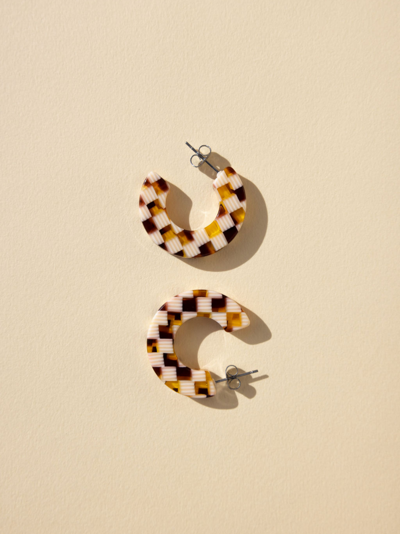 brown and cream checkered hoop earrings